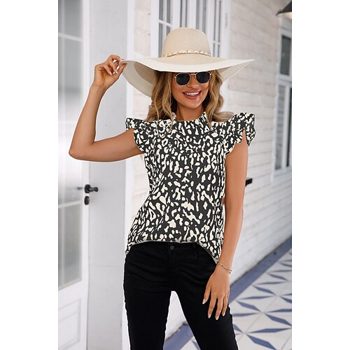 

Women's Shirt Blue Beige Black Leopard Ruffle Print Short Sleeve Daily Work Streetwear Casual Round Neck Regular S / 3D Print