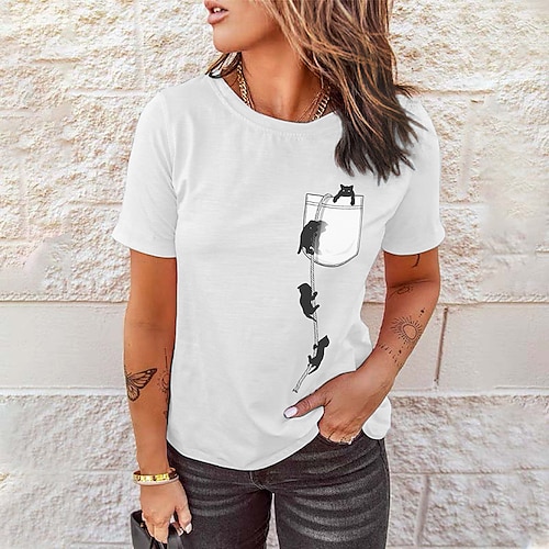 

Women's T shirt Tee Blue Pink Yellow Cat Print Short Sleeve Casual Weekend Basic Round Neck Regular Cotton Cat Painting S
