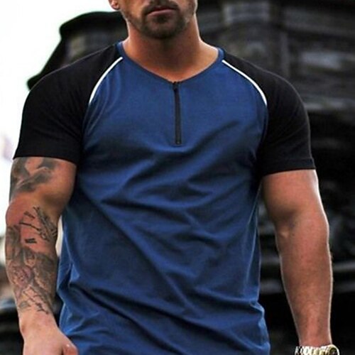 

Men's T shirt Tee Color Block V Neck Street Casual Patchwork Short Sleeve Tops Basic Fashion Classic Comfortable Blue / Summer