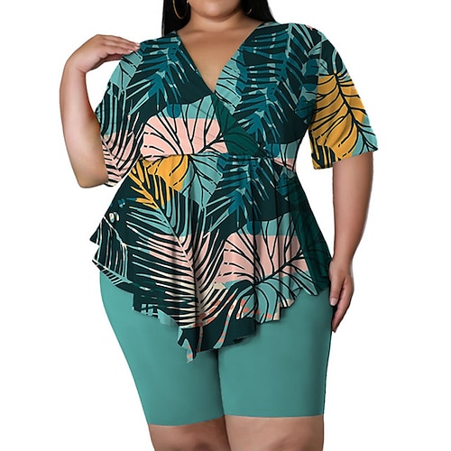 

Women's Plus Size Tops Plus Size Set Leaf Print Half Sleeve V Neck Hawaiian Daily Going out Polyester Spring Summer Green Black