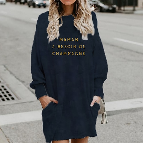 

Women's Shift Dress Short Mini Dress Black Blue Long Sleeve Fall Letter Pocket Print Fall Winter Hooded Casual 2022 S M L XL XXL 3XL