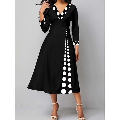 

Women's Casual Dress Midi Dress Black 3/4 Length Sleeve Polka Dot Ruched Winter Fall Autumn V Neck Casual Weekend 2022 S M L XL XXL