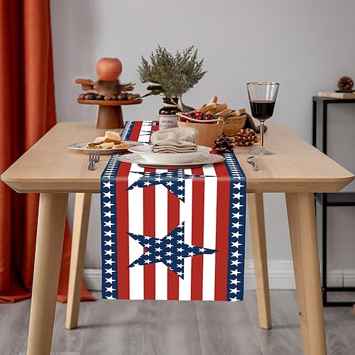 

Foulards de commode de chemin de table, thème du jour du drapeau américain des États-Unis étoiles chemins de table à rayures rouges pour table à manger, décoration de cuisine de dîner de ferme de