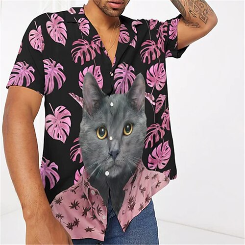 

Men's Shirt Graphic Shirt Animal Floral Cat Turndown Purple 3D Print Outdoor Street Short Sleeve Button-Down Print Clothing Apparel Fashion Designer Casual Breathable / Summer / Spring / Summer