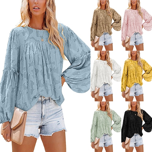 

pleated lantern sleeve babydoll round neck lace autumn floral shirt