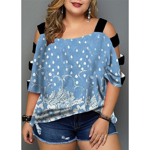 

Women's Plus Size Tops Blouse Shirt Floral Cut Out Print Half Sleeve V Neck Streetwear Daily Going out Polyester Spring Summer Blue Wine