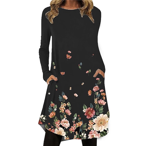 

Women's Shift Dress Knee Length Dress Black Long Sleeve Floral Pocket Print Fall Spring Crew Neck Casual Vacation 2022 S M L XL XXL 3XL