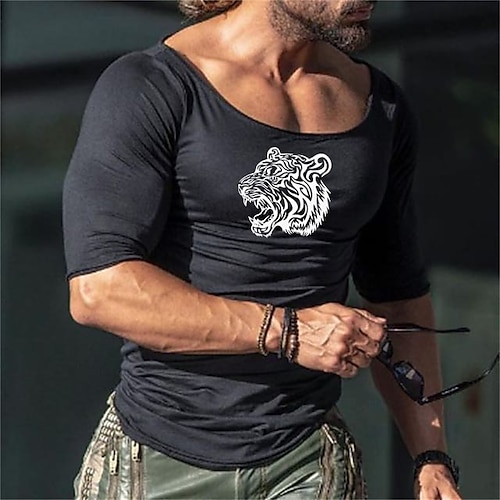 

Men's T shirt Tee Solid Color Tiger Round Neck Casual Daily Half Sleeve Tops Casual White Black
