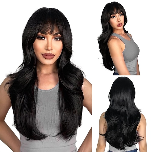 

Long Black Wigs with Bangs Layered Wigs for Women Synthetic Heat Resistant Wig Natural Looking Realistic Wigs for Daily Party Use