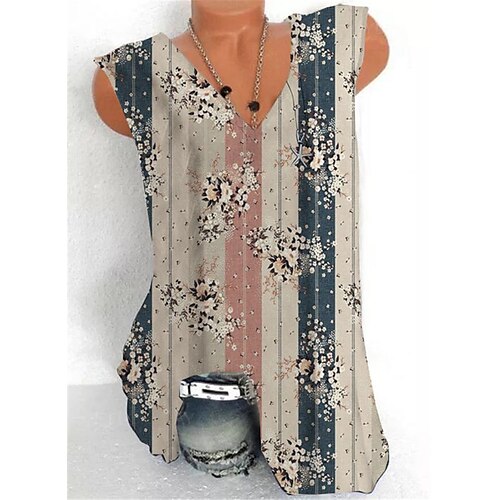 

Women's Plus Size Tops Tank Top Floral Striped Zipper Print Sleeveless V Neck Streetwear Daily Holiday Cotton Spandex Jersey Spring Summer khaki