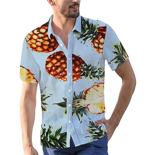 

Men's Shirt Graphic Shirt Fruit Pineapple Turndown Blue 3D Print Outdoor Street Short Sleeves Button-Down Print Clothing Apparel Fashion Designer Casual Breathable / Summer / Spring / Summer