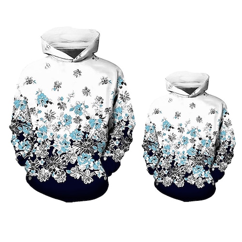 

Mommy and Me Hoodie Floral Sports Outdoor Print White Blue Long Sleeve Active Matching Outfits