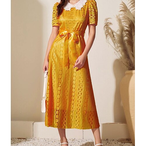 

Women's A Line Dress Midi Dress Black Yellow Short Sleeve Pure Color Patchwork Fall Summer Shirt Collar Elegant Fashion Modern Puff Sleeve 2022 S M L XL