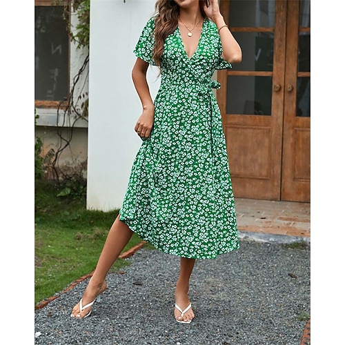 

Women's Casual Dress Sheath Dress Floral Dress Midi Dress Green Red Navy Blue Short Sleeve Floral Print Spring Summer V Neck 2022 S M L XL