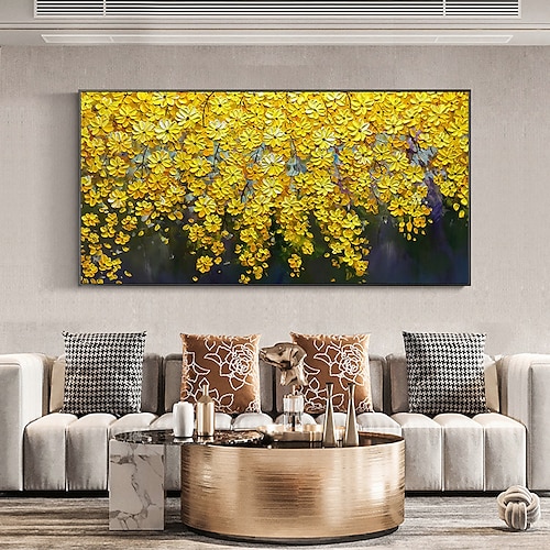 

Handmade Oil Painting Canvas Wall Art Decor Original Yellow Flowers Painting Abstract Palette Knife Painting for Home Decor Rolled Frameless Unstretched Painting