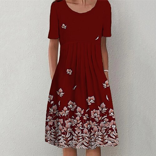 

Women's Shift Dress Knee Length Dress Yellow Wine Navy Blue Short Sleeve Floral Ruched Pocket Print Spring Summer Crew Neck Casual Vacation 2022 S M L XL XXL 3XL