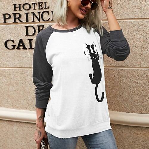 

Women's T shirt Tee Green Red White Cat Print Long Sleeve Casual Weekend Basic Round Neck Regular Cat Painting S