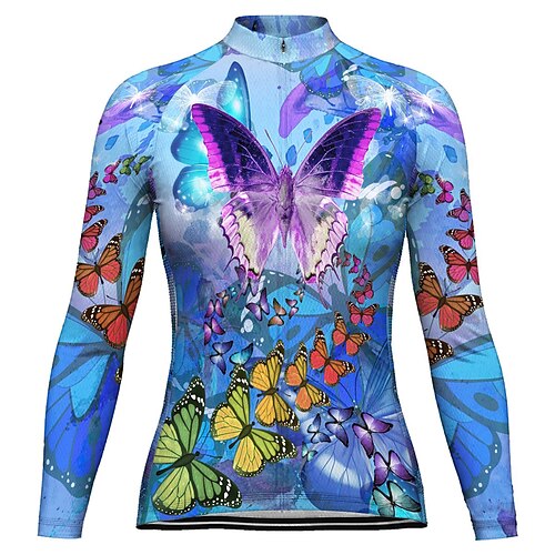 

21Grams Women's Cycling Jersey Long Sleeve Bike Jersey Top with 3 Rear Pockets Mountain Bike MTB Road Bike Cycling Breathable Quick Dry Moisture Wicking Reflective Strips Blue Butterfly Polyester