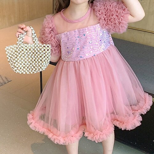 

Kids Little Girls' Dress Floral Sequin A Line Dress Party Performance Sequins Puff Sleeve Pink Asymmetrical Short Sleeve Princess Cute Dresses Spring Summer Regular Fit 2-8 Years