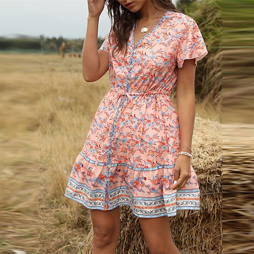 

Women's A Line Dress Short Mini Dress Black Blue Pink Short Sleeve Floral Ruffle Print Spring Summer V Neck Stylish 2022 S M L XL