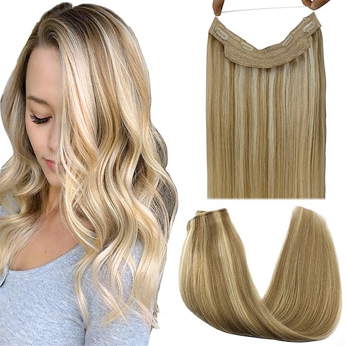 

Hair Extensions Wire Hair Light Blonde Highlighted Golden Blonde 18 Inch 95g Remy Human Hair Extensions Balayage Wire Hair Extensions Invisible Hairpiece