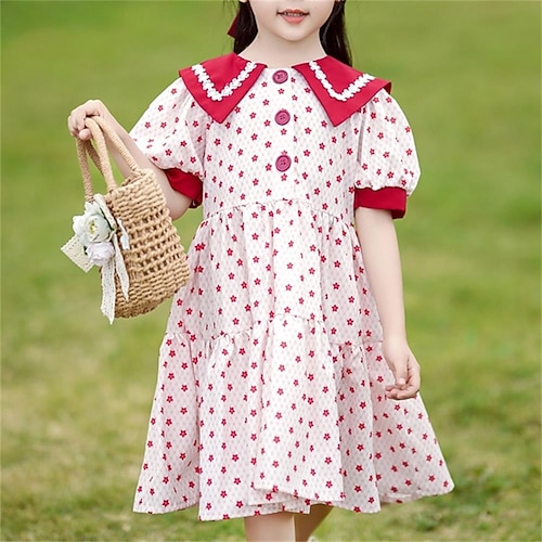 

Kids Little Girls' Dress Solid Colored Skater Dress Party Daily Green Red Knee-length Short Sleeve Elegant Sweet Dresses Spring Summer Slim 3-10 Years