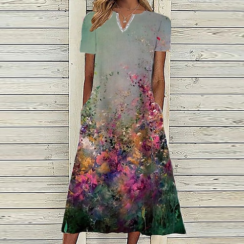 

Women's A Line Dress Midi Dress Green Blue Purple Light Green Short Sleeve Floral Pocket Print Spring Summer V Neck Casual Vacation 2022 S M L XL XXL 3XL