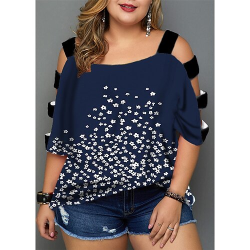 

Women's Plus Size Tops Blouse Shirt Floral Cut Out Print Half Sleeve V Neck Streetwear Daily Going out Polyester Spring Summer White Gray
