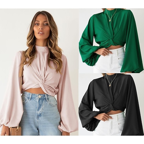 

2022 spring and autumn new wish amazon hot selling sexy show belly solid color lantern sleeve knot top