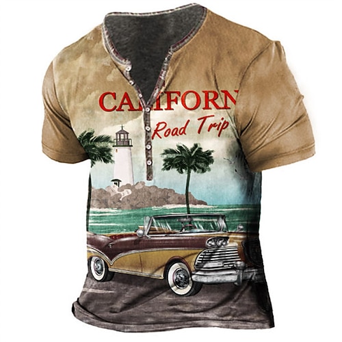 

Men's T shirt Tee Henley Shirt Tee Graphic Landscape Henley Brown 3D Print Plus Size Outdoor Daily Short Sleeve Button-Down Print Clothing Apparel Basic Designer Casual Big and Tall / Summer / Summer