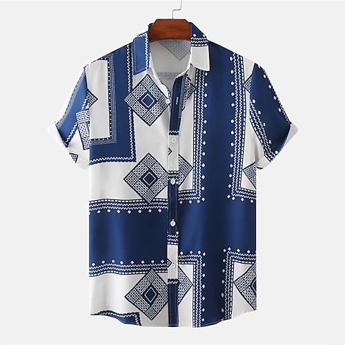 

Men's Shirt Graphic Shirt Geometric Vintage Turndown Blue Print Street Daily Short Sleeve Button-Down Print Clothing Apparel Fashion Designer Casual Breathable