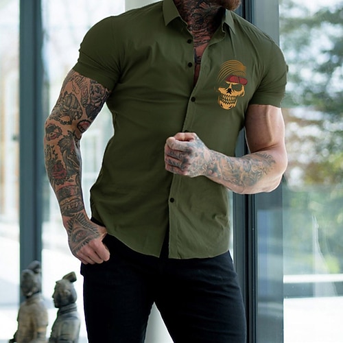 

Men's Shirt Solid Color Skull Turndown Christmas Party Button-Down Short Sleeve Tops Casual Slim Fit Green White Black / Summer