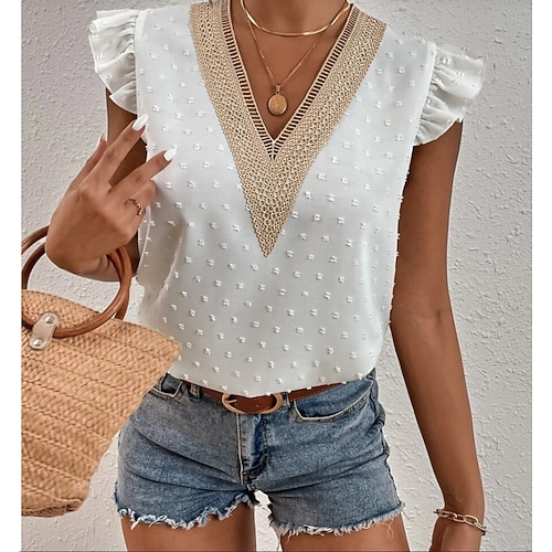 

Women's Tank Top Plain Daily Weekend Tank Top Camis Sleeveless Ruffle Lace Lace Trims V Neck Casual Streetwear White S