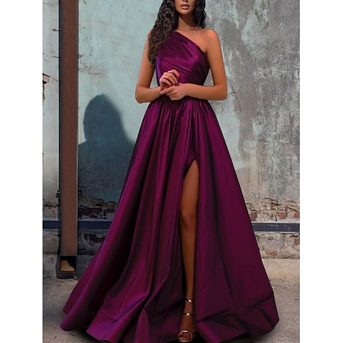 

A-Line Minimalist Elegant Engagement Formal Evening Birthday Dress One Shoulder Sleeveless Floor Length Satin with Pleats Slit 2022