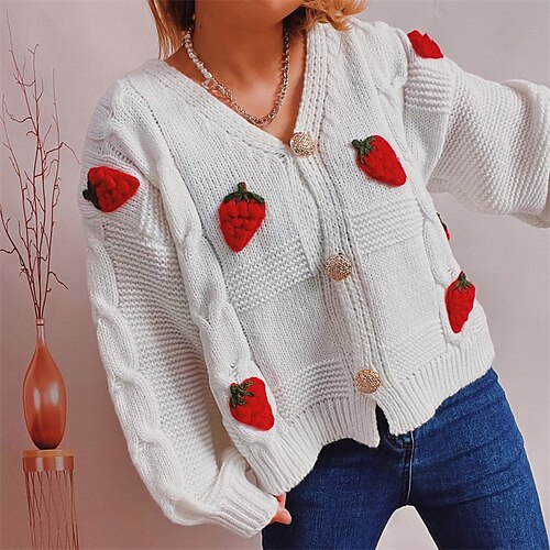 

Women's Cardigan Sweater Jumper Crochet Knit Knitted Fruit V Neck Stylish Casual Holiday Going out Fall Winter Green White S M L / Long Sleeve / Regular Fit