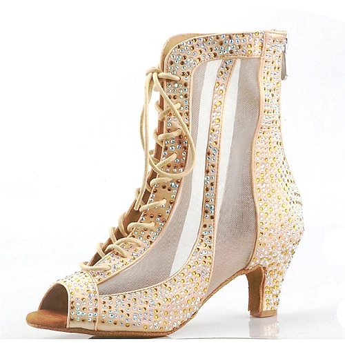 

Women's Dance Boots Tango Shoes Party Indoor Prom Sparkling Shoes Ankle Boots Fashion Sexy Crystal / Rhinestone Tulle Flared Heel Zipper Lace-up Light Brown / Satin