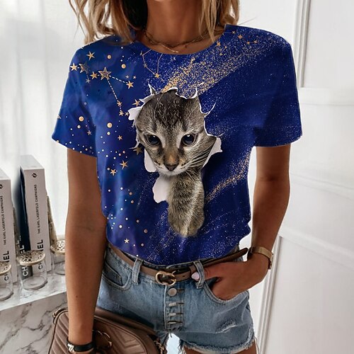 

Women's T shirt Tee Cat 3D Casual Weekend 3D Cat Painting T shirt Tee Short Sleeve Print Round Neck Basic Essential Blue Purple Pink S / 3D Print