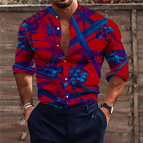 

Men's Shirt 3D Print Floral Stand Collar Street Casual Button-Down Print Long Sleeve Tops Designer Casual Fashion Breathable Red