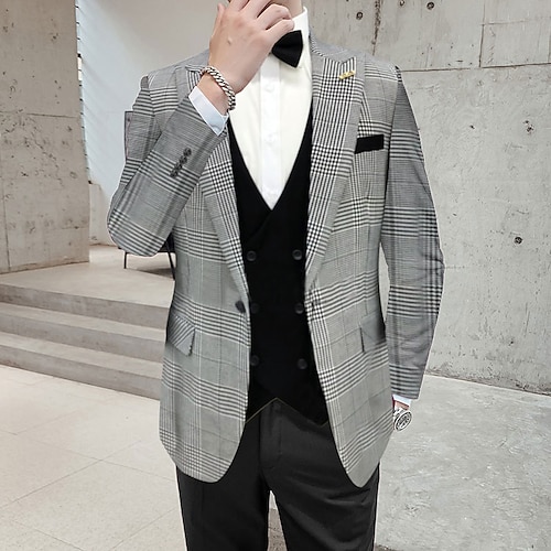 

Beige Black White Men's Wedding Business / Ceremony / Wedding Suits 3 Piece Checkered Tailored Fit Single Breasted More-button 2022