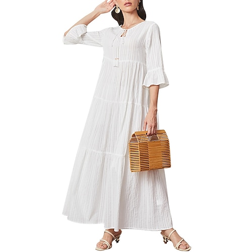 

Women's Shift Dress Maxi long Dress White 3/4 Length Sleeve Pure Color Ruffle Fall Spring Round Neck Casual Classic 2022 S M L XL XXL