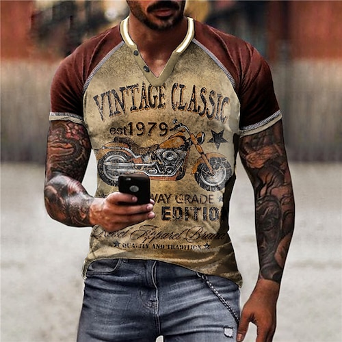 

Men's Unisex T shirt Tee Color Block Graphic Prints Motorcycle V Neck Blue Red Black 3D Print Outdoor Street Short Sleeve Button-Down Print Clothing Apparel Sports Fashion Designer Casual / Summer