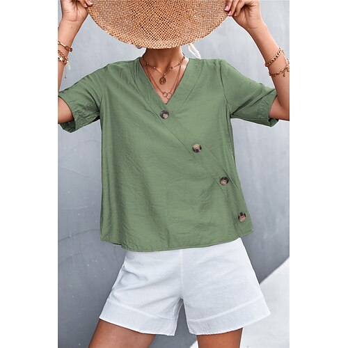 

Women's Shirt Blouse Black Pink Green Plain Button Short Sleeve Daily Weekend Streetwear Casual V Neck Regular S