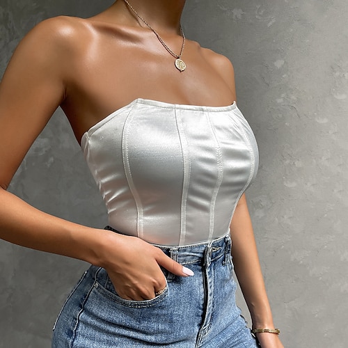 

Damen Bodysuit Rückenfrei Feste Farbe Trägerlos Strassenmode Urlaub Festtage Wochenende Regular Fit Ärmellos Weiß XS S M L Frühling
