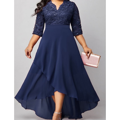 

Women's Plus Size Holiday Dress Solid Color V Neck Layered 3/4 Length Sleeve Spring Fall Formal Midi Dress Party Date Dress