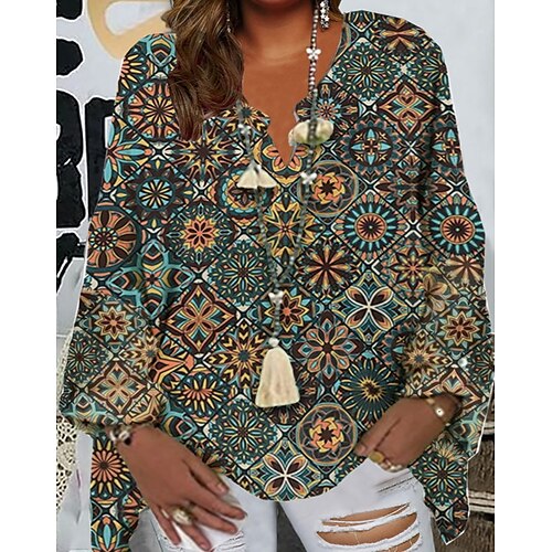 

Per donna Camicia Blusa Verde Pop art Increspato Stampa Manica lunga Giornaliero Da mare Festival A V Plus Size L