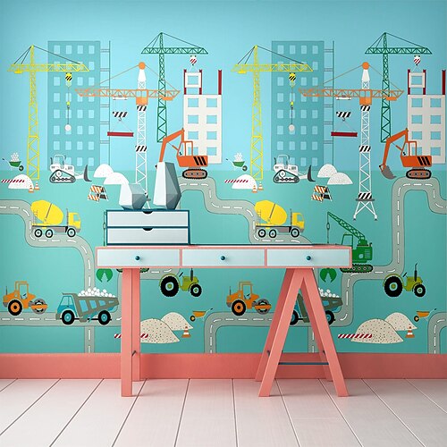 

3D Home Decoration 3d Mural Wall Sticker Children Cartoon Construction Machine Drawing Suitable For Hotel Restaurant Living Room Bedroom Wallpaper Wall Cloth