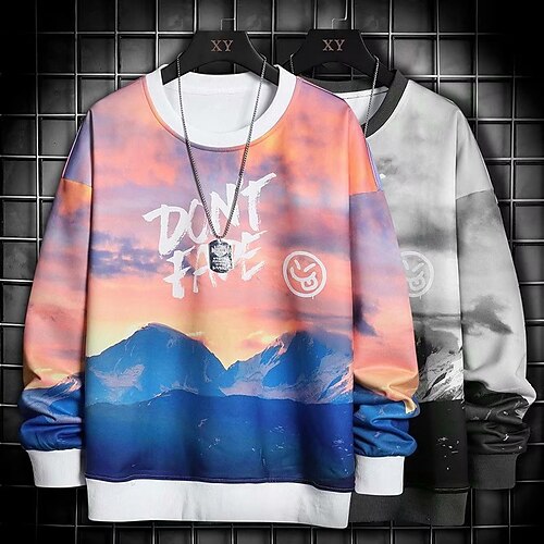 

Men's Sweatshirt Pullover Graphic Patterned Landscape Print Daily Holiday Going out 3D Print Designer Casual Hoodies Sweatshirts Long Sleeve Gray Orange