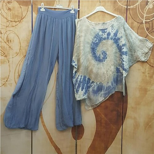 

Women's Plus Size Tops Plus Size Set Tie Dye Print Short Sleeve Crewneck Streetwear Daily Going out Polyester Fall Spring Blue Gray