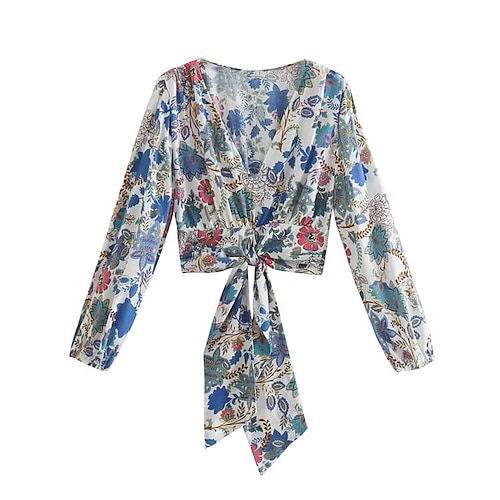 

spring summer new style bage v-neck long-sleeved printed shirt top women