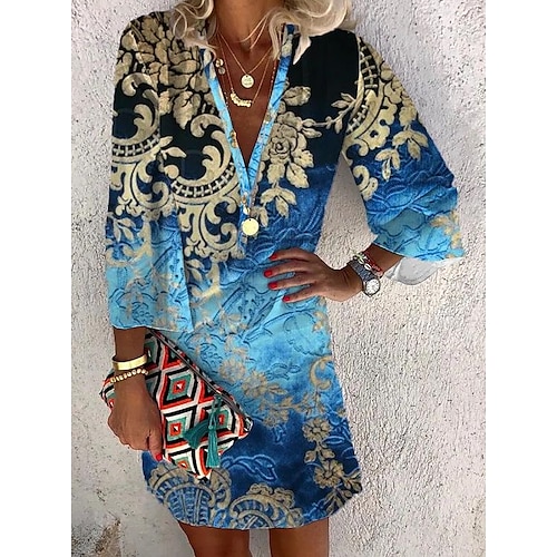 

Women's A Line Dress Short Mini Dress Blue 3/4 Length Sleeve Floral Button Print Spring Summer Deep V Stylish Modern 2022 S M L XL 2XL 3XL